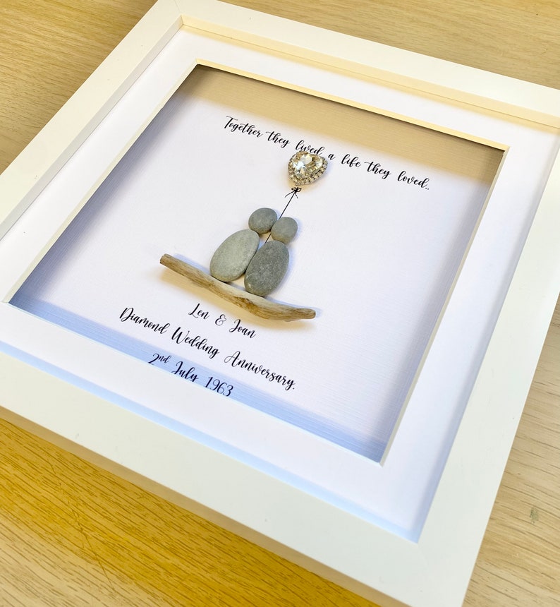 Diamond Wedding Anniversary Pebble Frame, Gepersonaliseerde Verjaardag Pebble Frame, Huwelijksverjaardag cadeau, Cadeau voor grootouders, Huwelijksgeschenken afbeelding 4