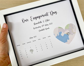 Personalised Engagement Gift, Heart Map Frame, Personalised Engagement Frame, Engaged, keepsake, Calendar Frame, Couples Gift Ideas,