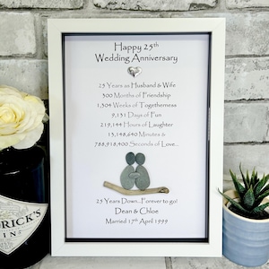 Può includere: Un'immagine incorniciata bianca con uno sfondo bianco e testo nero. Il testo recita "Happy 25th Wedding Anniversary" e elenca il numero di anni, mesi, settimane, giorni, ore, minuti e secondi che la coppia è stata insieme. L'immagine include anche una piccola scultura di ciottoli di una coppia che si tiene per mano, seduta su un pezzo di legno alla deriva. Il testo in basso recita "25 Years Down...Forever to go! Dean & Chloe Married 17th April 1999."