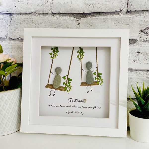 Sister Pebble Art, Family Pebble Art, Sister gift,birthday gift for sister, sister frame,tree swing, pebble frame, Personalised Sister gift,