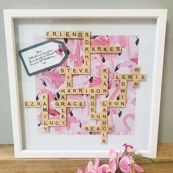 60th Birthday Scrabble Frame, Personalised Gift, Family Scrabble Frame, 50th Birthday gift, flamingo Large Scrabble Frame, Gift for her