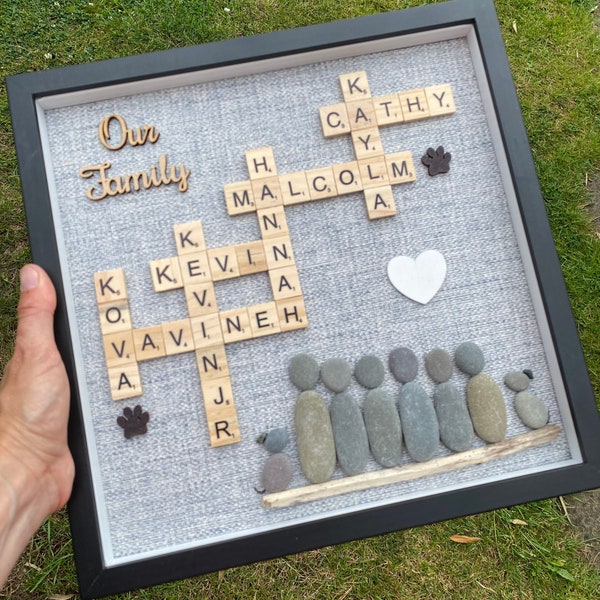 Cadre familial scrabble et galets, cadeaux personnalisés, scrabble, galets d'art famille, art scrabble, cadeaux fête des pères, cadeau de famille, cadeau d'anniversaire