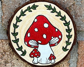 Mushrooms and ferns hand painted wood slice ornament, wood ornament, hand painted ornament