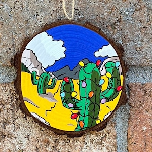 Christmas Cactus Hand Painted Wood Ornament, Desert Landscape Christmas