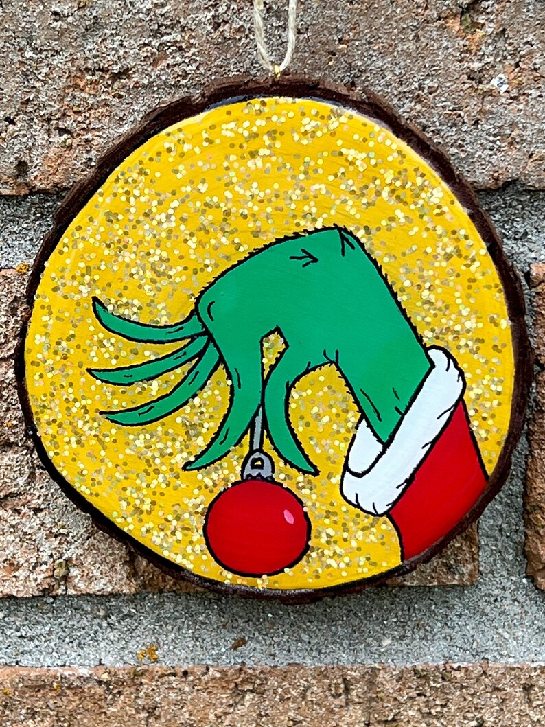 Slice Rinch Grinch Hand Christmas Ornament, Glass Ornament, Wood Slice Ornament ...
