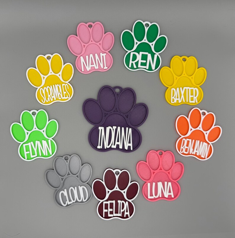May include: A selection of brightly coloured pet ID tags in the shape of paw prints. Each tag displays a different name in white lettering, such as "Nani," "Ren," "Scrambles," "Baxter," "Flynn," "Indiana," "Benjamin," "Cloud," "Felipa," and "Luna."
