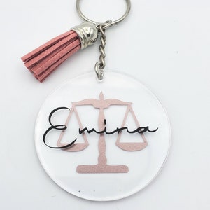 Acrylic Keychain  Personalized with Tassel For law student gift, lawyer gift, paralegal gift - Legal Field gift - Justice Scale Keychain.