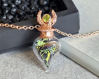 Real Sunset Moth & Peridot Pendant, Butterfly Necklace, Insect Jewelry, Oddities Necklace, Curio, Goblincore, Taxidermy, Witchy, Boho, Alt