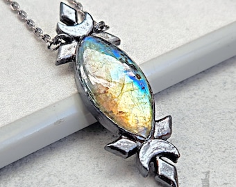 Pendentif labradorite céleste, bijoux en labradorite, collier en cristal, sorcellerie, bohème, cottagecore, bijoux en cuivre, lune, Saint-Valentin, cadeau