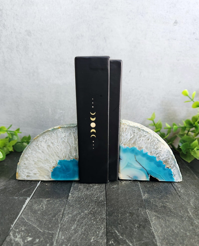 Mini Teal Agate Bookend, Agate Bookends, Crystal Bookends, Book Nook, Shelf Decor, Home Decor, Makeup Palette Holder, Altar, Tarot Holder image 3