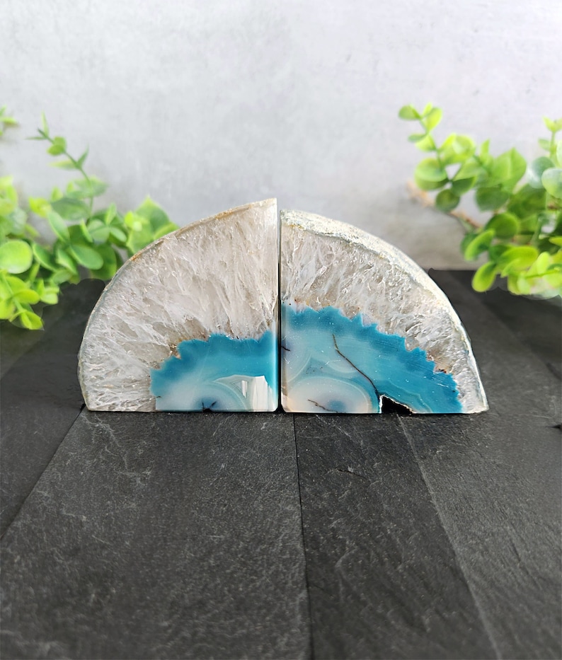 Mini Teal Agate Bookend, Agate Bookends, Crystal Bookends, Book Nook, Shelf Decor, Home Decor, Makeup Palette Holder, Altar, Tarot Holder image 1