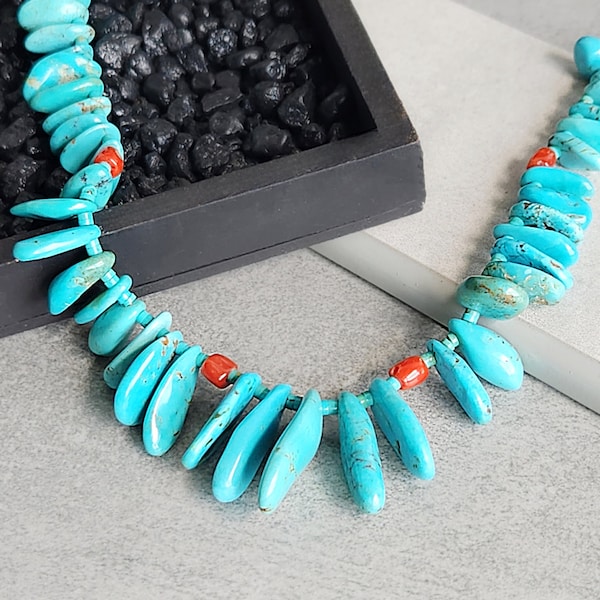 Authentic Turquoise & Coral Necklace, Turquoise Jewelry, Statement Necklace, Indigenous Jewelry, Beaded Necklace, Healing Crystals, Tribal