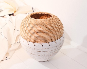 Vintage Rattan and Ceramic Large Vase, Vintage Home Decor, Housewaming Gift