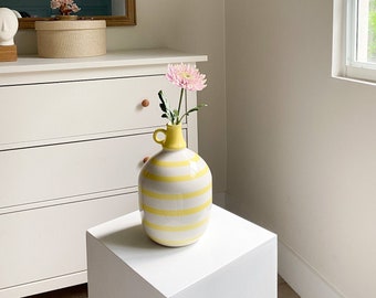 Vintage White and Yellow Ceramic Vase, Boho Ceramic Vase, Vase For Flowers, Vintage Home Decor