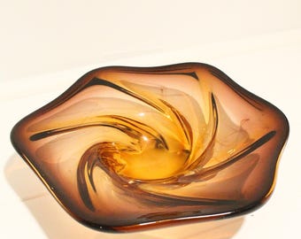 Vintage Murano Style Hand Blown Art Glass Bowl,  Amber Freeform Centerpiece, Italian Art Glass Fruit Bowl, Mid Century Modern Decor