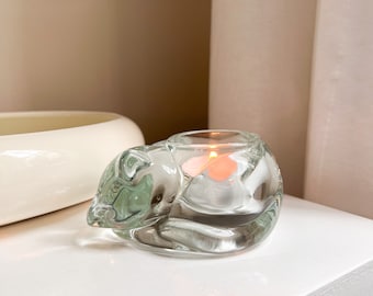 Vintage Glass Cat Tea Light Holder, Cat Shape Candle Accent, Home Decor