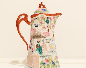 Vintage Japanese Porcelain Chocolate Pot, Hand Painted Geisha Coffee Pot, Floral Asian Ceramic Pitcher