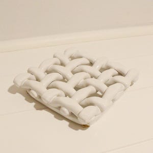 Berardos Pottery Ceramic White Lattice Trivet 1980s Portugal, Minimalist Kitchen Counter Protector