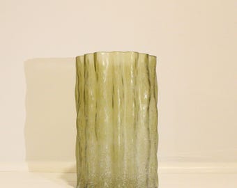 Vintage Scandinavian Art Glass Vase, Smoky Olive Green Textured Glass Vase, Bark Texture Cylinder Vase