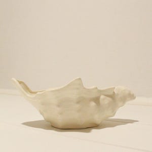 May include: A cream-colored ceramic bowl shaped like a seashell with a textured, irregular surface and an elongated, pointed end. The vessel features a wide, open top and a sturdy base, showcasing a smooth, matte finish throughout its entire form.