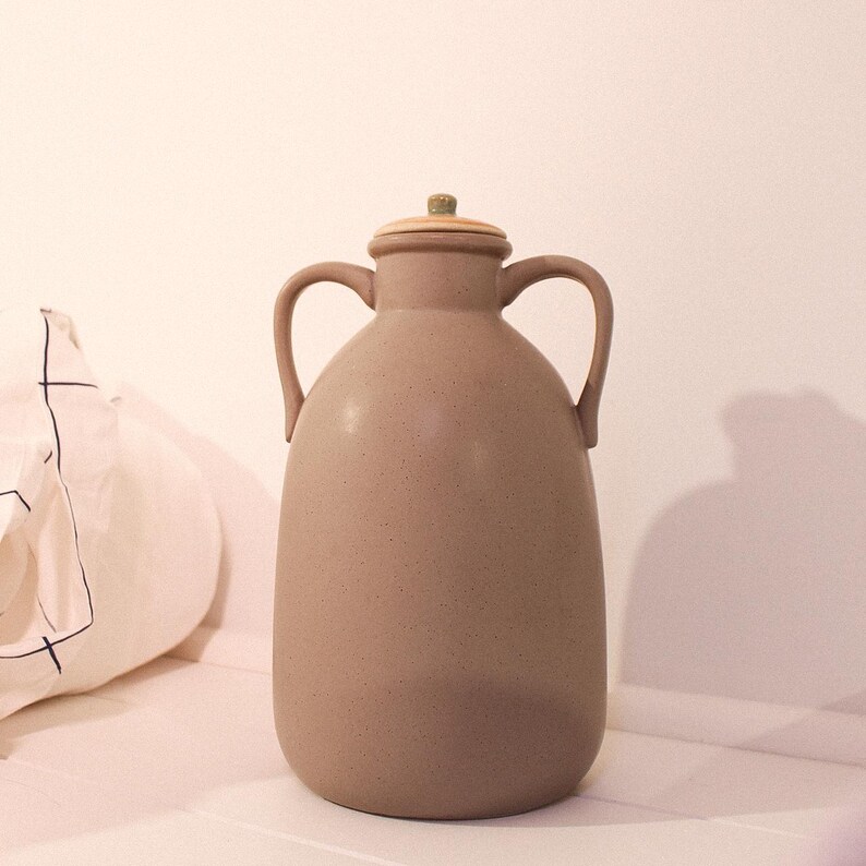 Vintage Beige Ceramic Large Vase with Lid