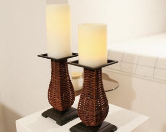 Vintage Rattan Pillar Holders, Partylite Island Candle Holders (Set of Two)
