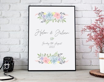 Personalized Floral Wedding Date Print, Pastel Roses Keepsake