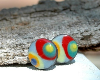 Ceramic stud earrings for woman, Colorful earrings studs round, Handpainted geometric earrings, Colored artistic stud earrings for every day