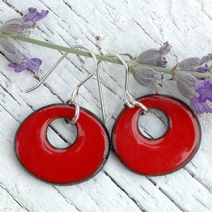 Round red ceramic earrings, ceramic hoop earrings, round red solid color earrings, round ceramic dangle earrings, red silver hook earrings
