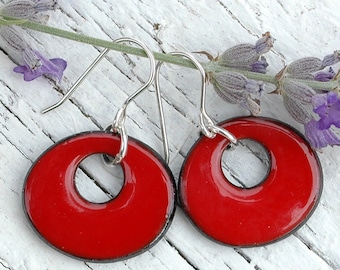 Round red ceramic earrings, ceramic hoop earrings, round red solid color earrings, round ceramic dangle earrings, red silver hook earrings