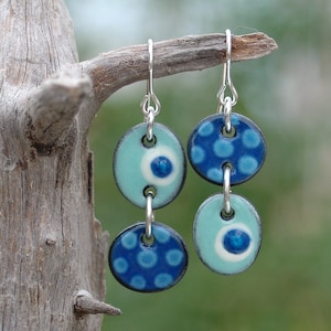 Blue ceramic earrings, ceramic earrings dangle, ceramic earrings handmade, blue polka dot earrings, blue asymmetrical earrings