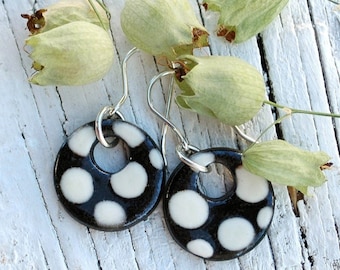 Black white polka dot earrings, round black white polka dot earrings, black white polka dot ceramic dangle earring, boho comfortable earring