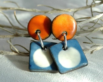 Ceramic geometric earrings, long ceramic stud earrings, Orange and blue multicolored minimalist earrings, Handmade jewel, woman Stud earring