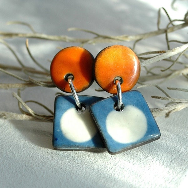 Ceramic geometric earrings, long ceramic stud earrings, Orange and blue multicolored minimalist earrings, Handmade jewel, woman Stud earring