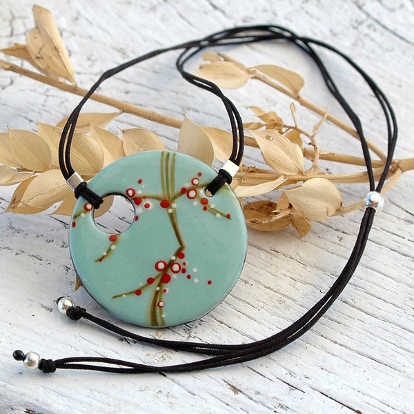 Japanese ceramic necklace, adjustable elegant necklace, cherry blossom pendant, silver hand painted jewel, pale blue pendant gift for woman