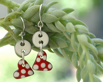 Polka dot heart earrings, polka dot ceramic earrings, red heart polka dot earrings, long heart drop earrings, romantic handmade earrings