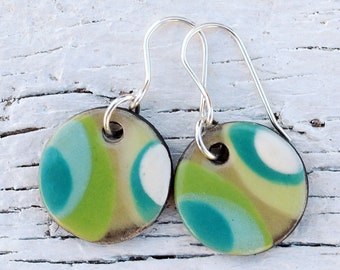 Round drop earrings, round ceramic earrings, geometric drop earrings, boho round earrings, green beige drop earrings, creative unique jewels