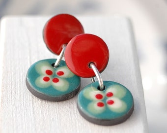 Long round stud earrings, long red and green earrings, round ceramic stud earrings, round handmade earrings, long two piece stud earrings