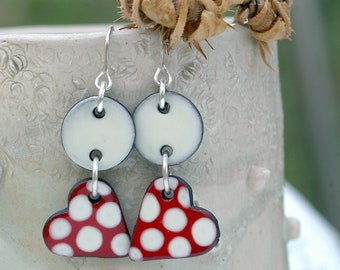Statement heart earrings, polka dots ceramic earrings, statement love artisan earrings, red heart big earrings, statement long heart earring