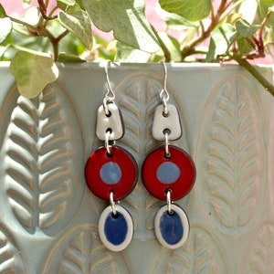 Triple drop earrings, drop glazed ceramic earrings, triple round earrings, red blue white triple drop earrings, artisan made long earrings