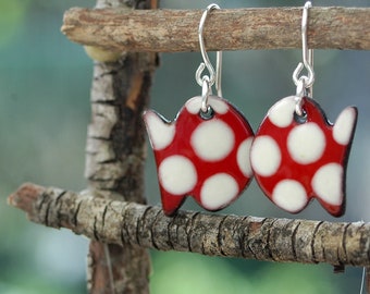 Polka dot red fish earrings, polka dot ceramic earrings, red fish dangle earrings, polka dot drop earrings, handmade red fish hook earrings