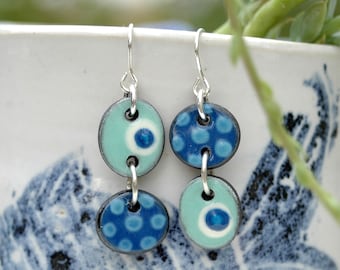 Blue ceramic earrings, ceramic earrings dangle, ceramic earrings handmade, blue polka dot earrings, blue asymmetrical earrings