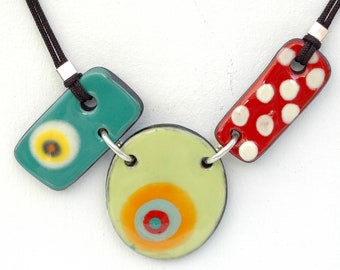 Geometric original necklace, adjustable colorful choker, hand-painted three-piece pendant, handamde ceramic silver jewelry, gift for woman,