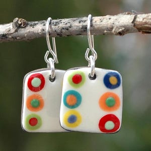 Multicolored square earrings, dangling ceramic earrings, unique white hook earrings, funky casual earrings, colorful earrings gift for her