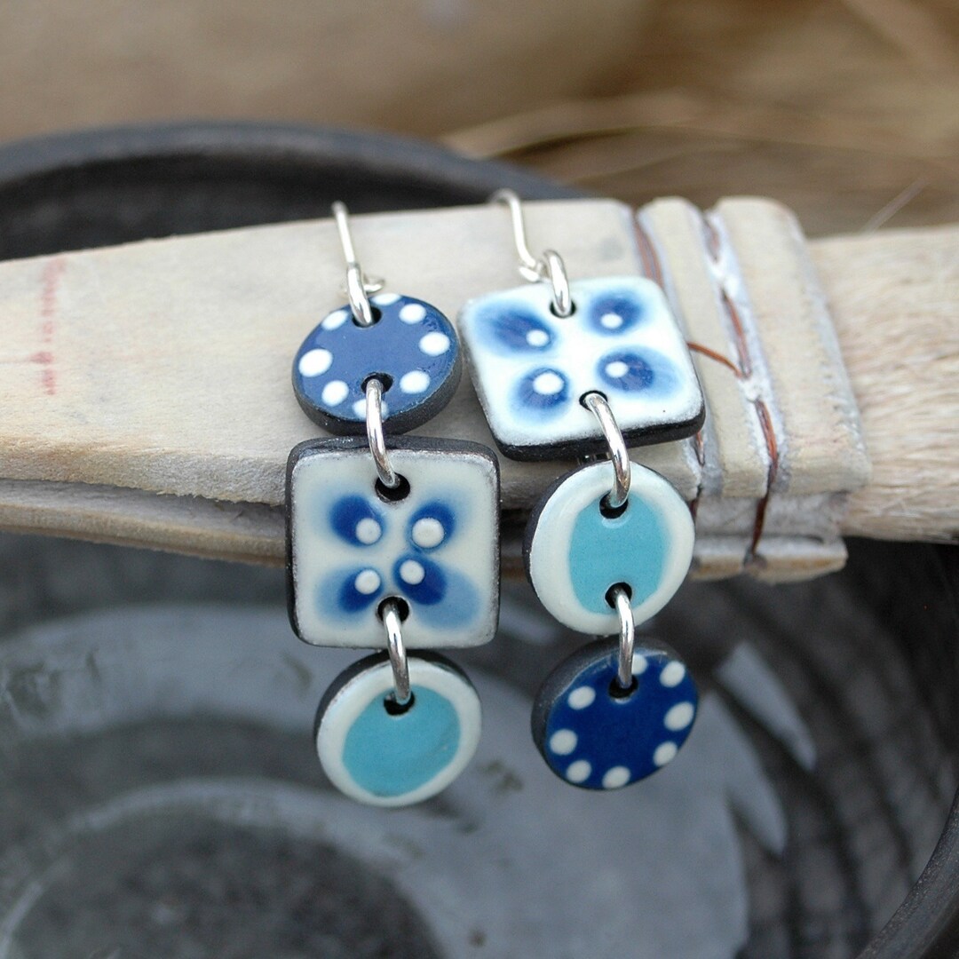 Long Blue and White Earrings, Blue White Ceramic Earrings, Long Hook ...