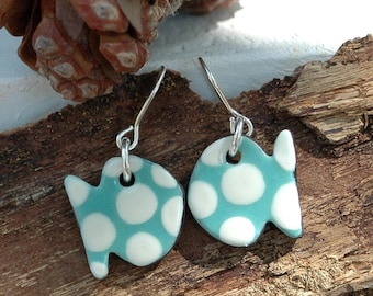 Ceramic Fish Earrings, Teal Polka Dot, Sterling Silver Hooks