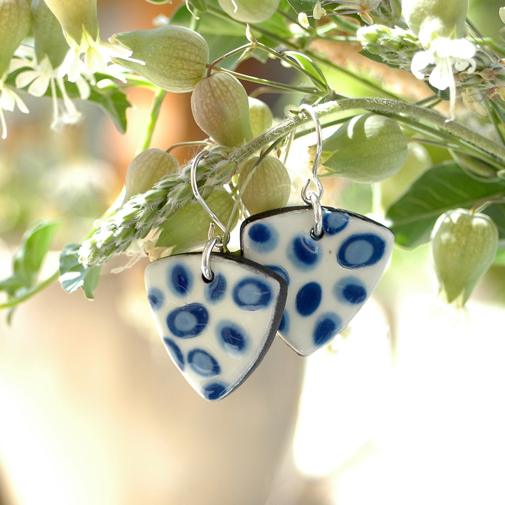 Artisan drop earrings, ceramic drop earrings, triangle drop earrings, artisan blue polka dot earrings, light geometric artisan earrings