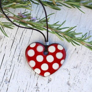 Red heart with white polka dots,  Handmade ceramic pendant, romantic pendant, designer ceramic jewels, clay silver pendant, gift for woman