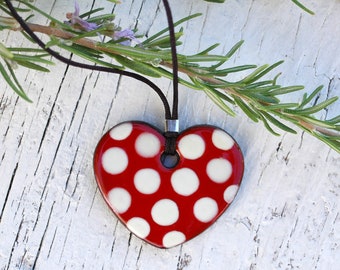 Red heart with white polka dots,  Handmade ceramic pendant, romantic pendant, designer ceramic jewels, clay silver pendant, gift for woman