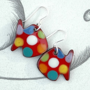 Red Polka Dot Fish Earrings, Sterling Silver Hook, Ceramic Earrings